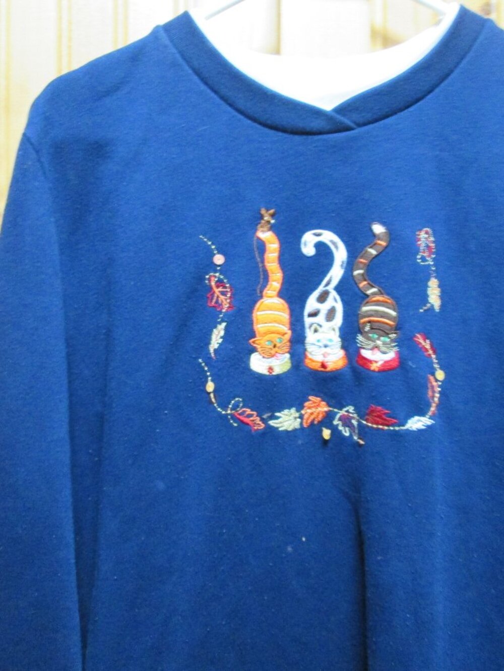 vtg Halloween fall 90s banded collar sweat shirt cats fall leaves embroidered lg